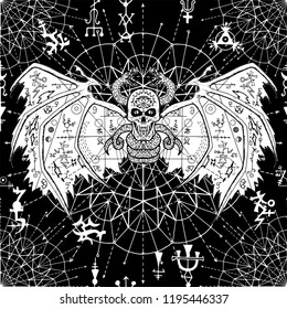 Seamless pattern with evil demon and mystic geometric symbols on black. Esoteric, occult and wicca concept, Halloween illustration with mystic symbols and sacred geometry