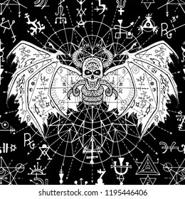 Seamless pattern with evil demon and mystic geometric symbols on black. Esoteric, occult and wicca concept, Halloween illustration with mystic symbols and sacred geometry 