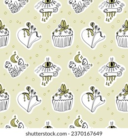 Seamless pattern of evil eye, sacred cupcakes with mushrooms and bitten hearts. Vector illustration of magic signs.