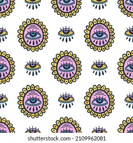 Seamless pattern Evil eye third  element hand drawn.Esoteric mystic symbol,authentic icon.Vector illustration.