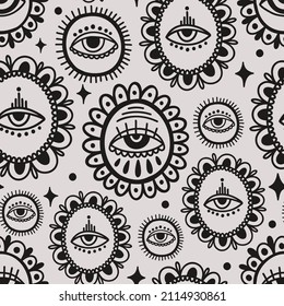 Seamless pattern Evil eye third  element hand drawn.Esoteric mystic symbol,authentic icon.Vector illustration.