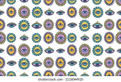 Seamless pattern Evil eye third  element hand drawn.Esoteric mystic symbol,authentic icon.Vector illustration.