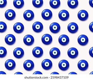 Seamless Pattern Evil Eye Or Turkish Eye Symbol. Modern 3d Amulet Design And Home Decor Idea. Seamless Banner With Blue Turkish Evil Eyes. Vector Illustration Seamless Pattern.