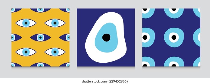 Seamless pattern with evil eyes, different talismans in hand drawn flat design