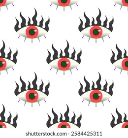 Seamless pattern with evil eyes and flame.Surreal print aesthetic.Trendy mystic background for banners,social media marketing,branding,packaging,offers,covers