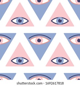 Seamless pattern with evil eyes in hand drawn flat design, contemporary modern trendy style, vector illustration