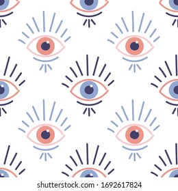 Seamless pattern with evil eyes in hand drawn flat design, contemporary modern trendy style, vector illustration