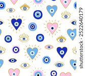 Seamless pattern with Evil eyes and hearts. Esoteric mystical background. Cute hand draw icons. Modern talisman amulet design for a poster, sticker, home decor. Fabric textile print. Boho art illustra