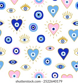 Seamless pattern with Evil eyes and hearts. Esoteric mystical background. Cute hand draw icons. Modern talisman amulet design for a poster, sticker, home decor. Fabric textile print. Boho art illustra