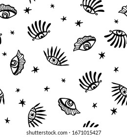 Patrón sin brillo con ojos malignos y estrellas ilustran vectoriales sobre un fondo blanco. Textura con símbolos abstractos esotéricos místicos.