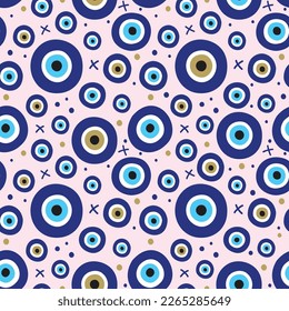 Seamless pattern with evil eyes. Symbol of protection Turkey, Greece, Cyprus, Crete. Background with magic items, attributes. Amulet - blue Turkish Fatima's Eye. Vector illustration