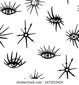 Seamless pattern with evil eyes vector illustration on a white background. Texture with mystical esoteric symbols.