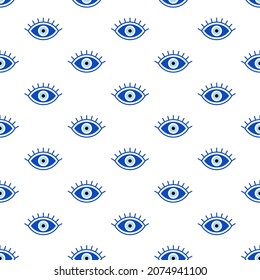 Seamless pattern with Evil eyes. Vector texture of protection talismans. Line art. Blue objects on white background. 