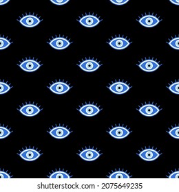 Seamless pattern with Evil eyes. Vector texture of protection talismans. Line art. Blue objects on black background.