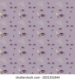 Seamless pattern with evil Halloween spiders with knife on gray background