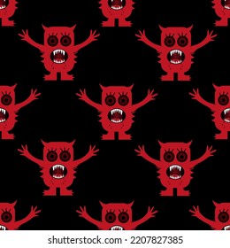 Seamless pattern with evil monsters with raised arms, sharp fangs and rocks. Background of devils on a black backdrop. Halloween concept. Wrapping paper for Halloween.
