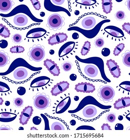 Seamless pattern with evil mystical eyes on white background in a hand drawn style. Illustration with magic symbols for Wallpaper, fabric, textile, packaging paper design. Vector