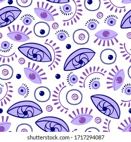 Seamless pattern with evil mystical eyes on white background in a hand drawn style. Illustration with magic symbols for Wallpaper, fabric, textile, packaging paper design. Vector