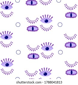 Seamless pattern with evil mystical eyes on white background in a hand drawn style. Illustration with magic symbols for Wallpaper, fabric, textile, packaging paper design. Vector