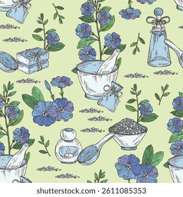 Seamless pattern with evolvulus alsinoides: shankha pushpi plant, leaves and evolvulus alsinoides flowers. Shankha Pushpi. Oil, soap and bath salt . Cosmetics and medical plant. Vector