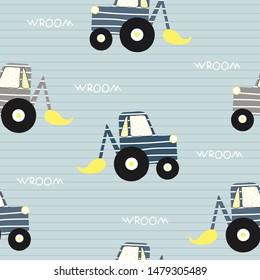 Seamless pattern with excavator. Kids funny textile print. Vector hand drawn illustration.