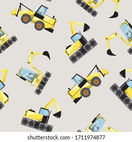 Seamless pattern with excavators or tractors with a bucket as a background or backdrop. Stock vector flat illustration illusion or random pattern with yellow heavy machines or bulldozers for print