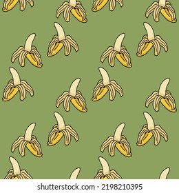 Seamless pattern with excellent banana on green background. Vector image.
