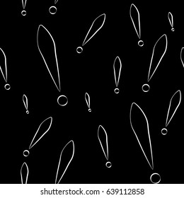 Seamless pattern of exclamation marks colored black with white stroke black background. Different sizes. Vector illustration.