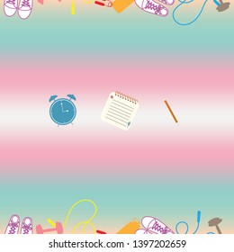 Seamless pattern exercise equipment , clock, memo and pencil on colorful background. Vector design for paper print business, fabric or wallpaper art.
