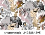 Seamless pattern for exhibitions of painting, sculpture and music. Abstract background, Roman column, Greek sculpture, baroque decorative elements for magazine or cover