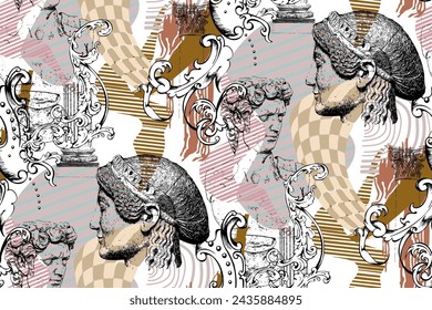 Seamless pattern for exhibitions of painting, sculpture and music. Abstract background, Roman column, Greek sculpture, baroque decorative elements for magazine or cover