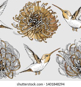 Seamless pattern. Exotic african Protea flowers and hummingbirds. Gold and silver composition. Textile, hand drawn style print. Vector illustration.