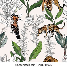 Seamless Pattern Exotic Animals in Tropical Plants and Palms Leaves  Hand Drawn Fine line Illustration Tiger, Leopard and Hoopoe Bird in Lilies Flowers Isolated Elements 