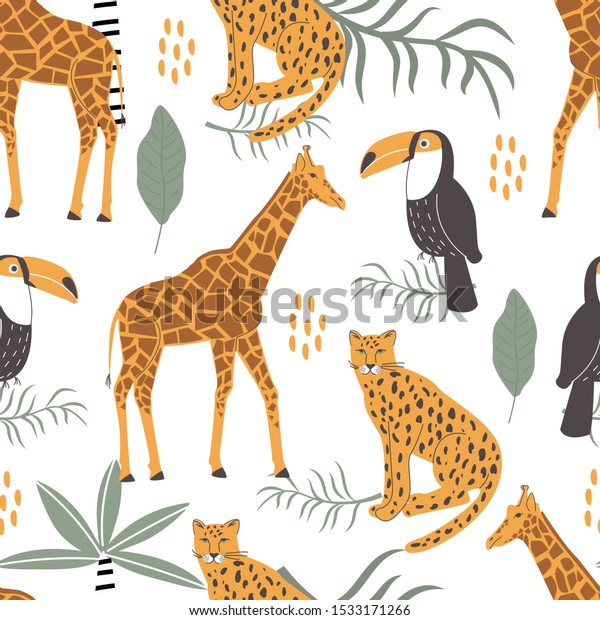 Seamless Pattern Exotic Animals Tropical Leaves Stock Vector (Royalty ...