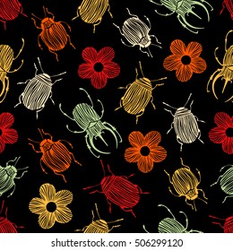 Seamless pattern with exotic beetles and flowers.