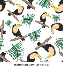 Seamless pattern of exotic bird vector. Summer background of hand drawn toucan and leaves. Tropical seamless texture. Exotic wildlife pattern for wrapping, fabric, decoration, wallpaper, books etc 