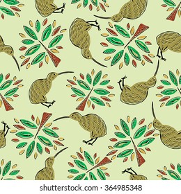 Seamless pattern of exotic bird vector. Background of hand drawn kiwi bird and plants. Khaki seamless texture. Exotic wildlife pattern for wrapping, fabric, decoration, books etc 