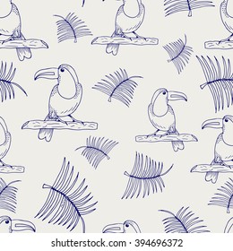 Seamless pattern of exotic bird vector. Ball pen imitation background of hand drawn toucans and palm branches. Tropical pattern for wrapping, fabric, decoration, wallpaper, books etc 