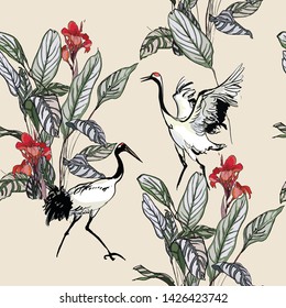 Seamless Pattern Exotic Birds Chinese Cranes with Black Tails in Tropical Leaves and Hibiscus Flowers Textile Design Hand Drawn Print Illustration