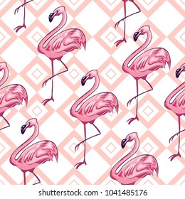 Seamless pattern with exotic birds of the flamingo pink, perforated, pearl, coral, crimson, blue hues against a background of geometric ornament, feathers standing on one leg in profile