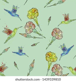 seamless pattern with exotic birds and flowers. Tropical bird hummingbird. Imitation of watercolor, hand drawing. For textile, wallpaper, fabric, wrapping