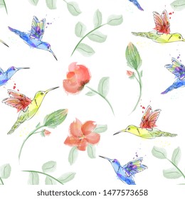 seamless pattern with exotic birds and flowers. Tropical bird hummingbird. Imitation of watercolor, hand drawing. For textile, wallpaper, fabric, wrapping