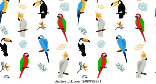 Seamless pattern with exotic birds. Parrot, toucan, cockatoo on a background of tropical leaves. Vector graphics.