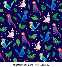 Nahtloses Muster mit exotischen Vögeln, Papageien und Blättern einzeln auf dunklem Hintergrund. Vektorflache Illustration. Für Verpackungsdesign, Verpackungspapier usw.