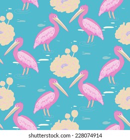 Seamless pattern with exotic birds. Pelicans and flowers background.