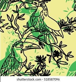 Seamless pattern with exotic birds. Summer background.