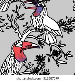 Seamless pattern with exotic birds. Summer background.