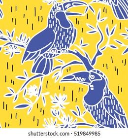 Seamless pattern with exotic birds. Summer background.