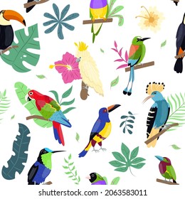 Seamless pattern exotic birds. Tropical flora and fauna, bright big parrots, flowers and branches, caribbean animals, bright toucan. Decor textile, wrapping paper, vector print