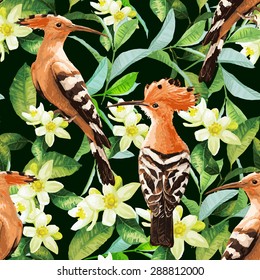 Seamless pattern with exotic birds, tropical leaves and white flowers. Vector  background.